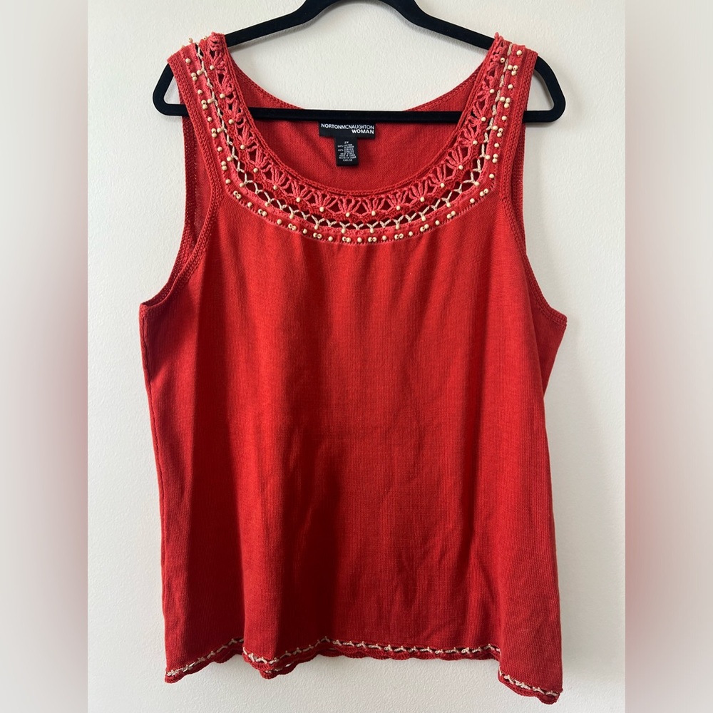 Norton McNaughton Women 2X Embellished Sleeveless Tank Top Crochet Boho Summer